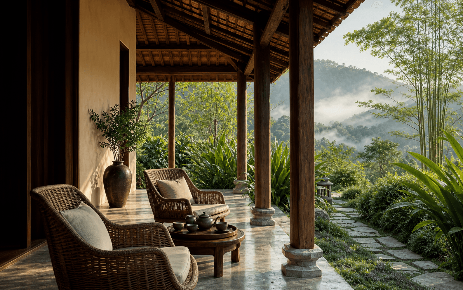 Phòng ngủ homestay cao cấp với nội thất gỗ, chăn ga linen và cửa nhìn ra khu vườn